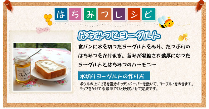 はちみつレシピ
食パンに水を切ったヨーグルトをぬり、たっぷりのはちみつをかけます。旨みが凝縮され濃厚になったヨーグルトとはちみつのハーモニー♪
<水切りヨーグルトの作り方>
ボウルの上にざるを置きキッチンペーパーを敷いて、ヨーグルトをのせます。ラップをかけて冷蔵庫でひと晩寝かせて完成です。